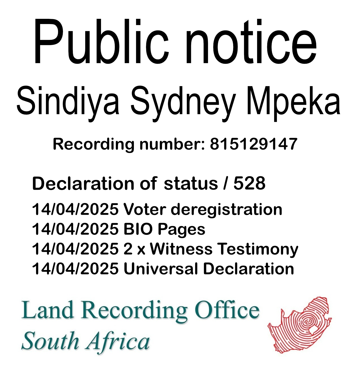 Public Notice  Sindiya Sydney Mpeka (c) Recording number 815129147